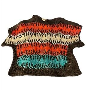 One World Open Weave Crochet Knit Top. Brown Orange Teal XL